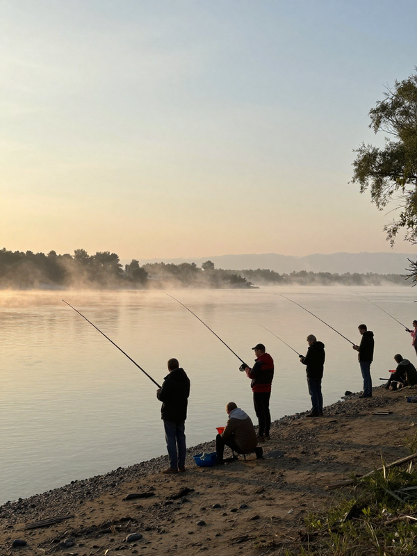 Fisherman on Volga river at dawn, Astrakhan region, Russia, golden light reflecting on water