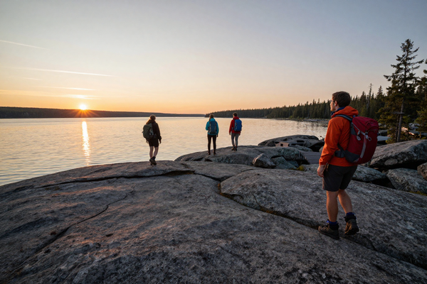 Hikers on Karelia granite rocks by lake at sunset, wild nature, Russia adventure tourism