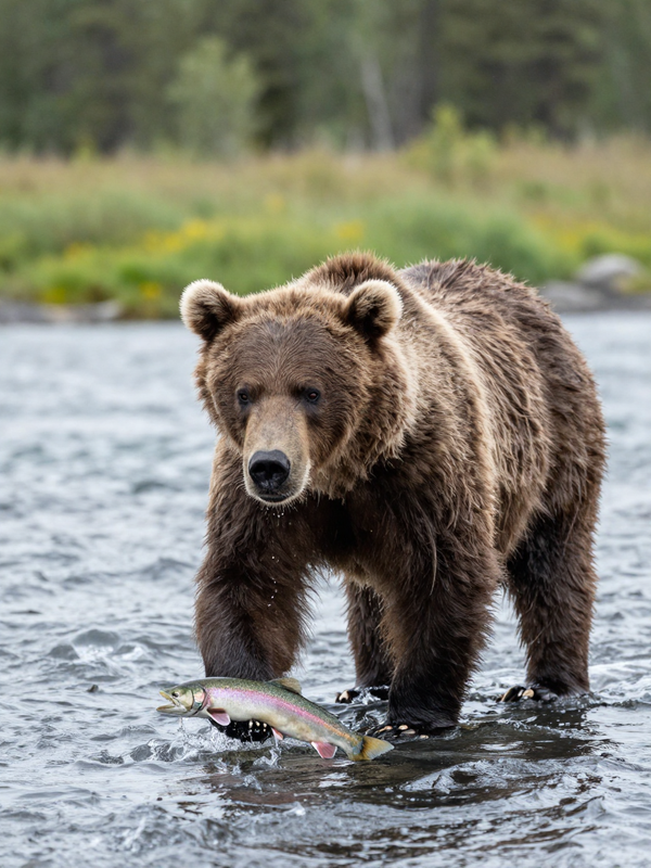 Brown bear fishing salmon in Kamchatka river, wildlife photography, Russia wilderness